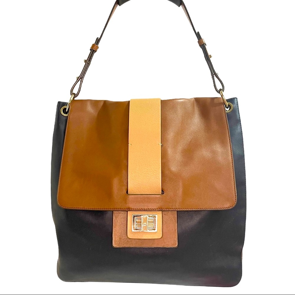 Rare Authentic Anya Hindmarch Black & Brown  Leather Label Collection Handbag